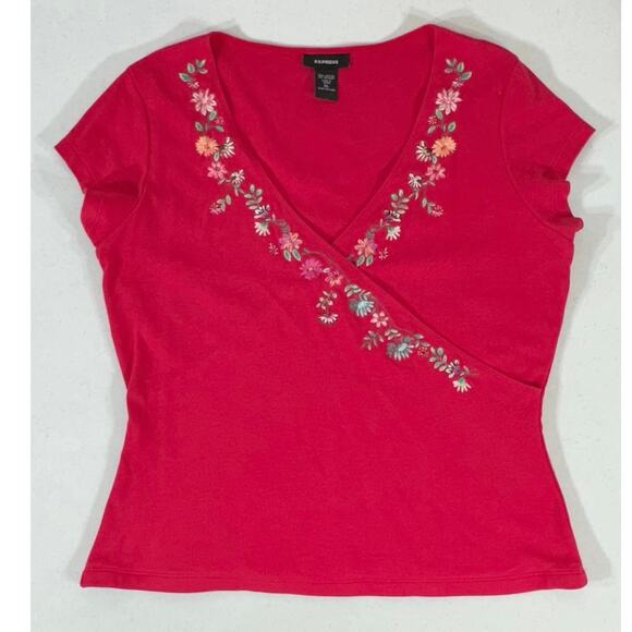 Express Womens Faux Wrap Top‎ Sz Small Magenta Pink Floral Embroidery Cap Sleeve - Picture 5 of 8